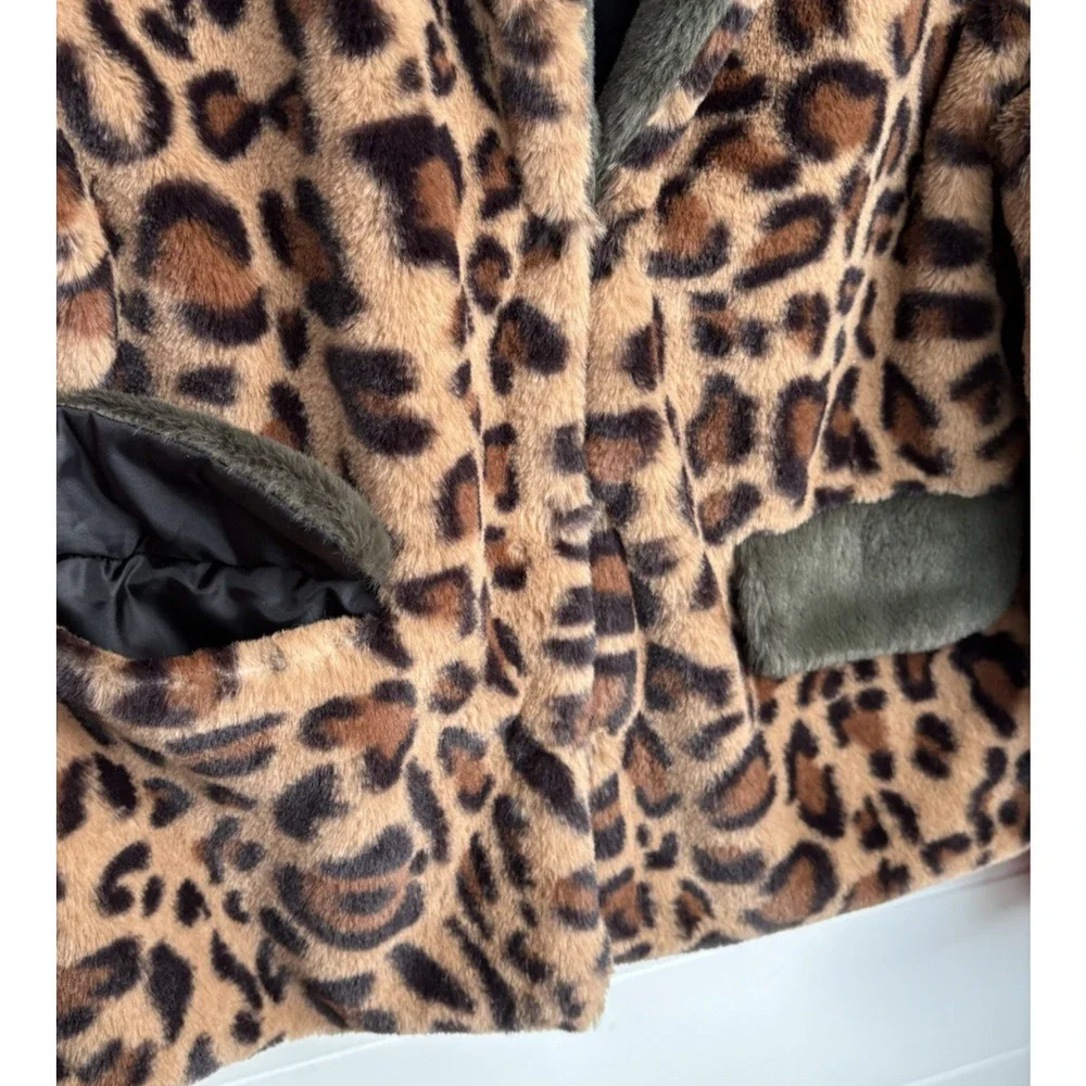 IMOGA Emma Leopard Faux Fur Coat Girls Size 10 Animal Print Jacket Red Trim